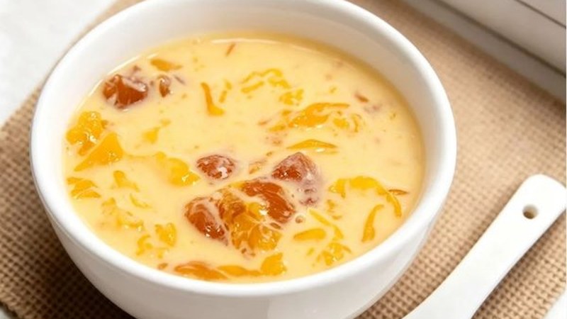 Coconut Mango Peach Gum Sweet Soup with tropical flavors and plant collagen, a low fat Chinese wellness dessert