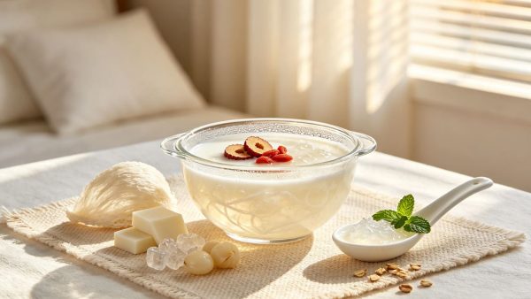 Instant milk bird's nest drink in a glass bottle, creamy morning routine breakfast tonic
