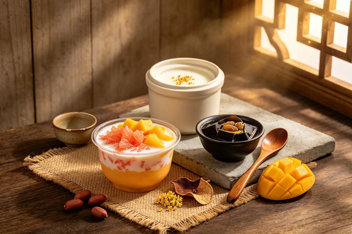 Mango Peach Gum Dessert with plant collagen and snow fungus, a low fat glutinous Chinese wellness dessert for fitness