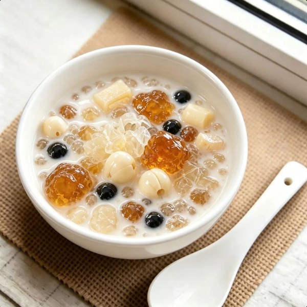ZeaGrove Peach Gum Cassava Grand Slam — A Loaded Dessert Bowl with Tapioca, Lotus Seed and Brown Sugar Pearls — Loaded Peach Gum Cassava Bowl with Lotus Seed and Brown Sugar Pearls in Coconut Milk - Image 1